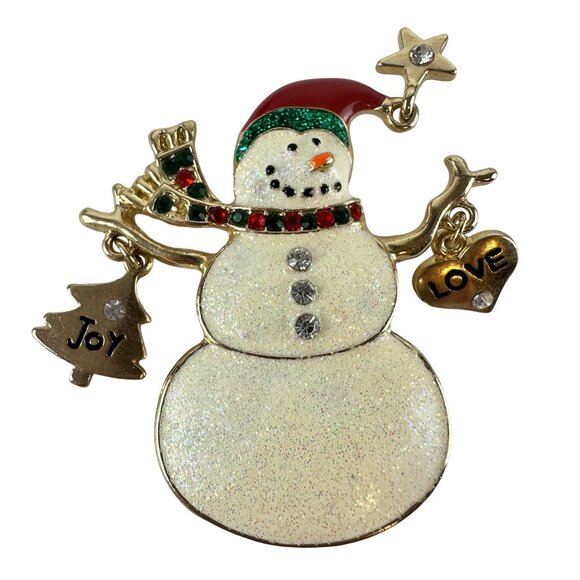 Glitter White Enamel Snow Man Brooch with Dangle Charms Gold Tone - Picture 1 of 2
